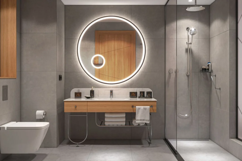 Sheraton İstanbul Esenyurt'taki lüks banyo, modern tasarımı ve büyük yuvarlak aydınlatmalı aynasıyla.
